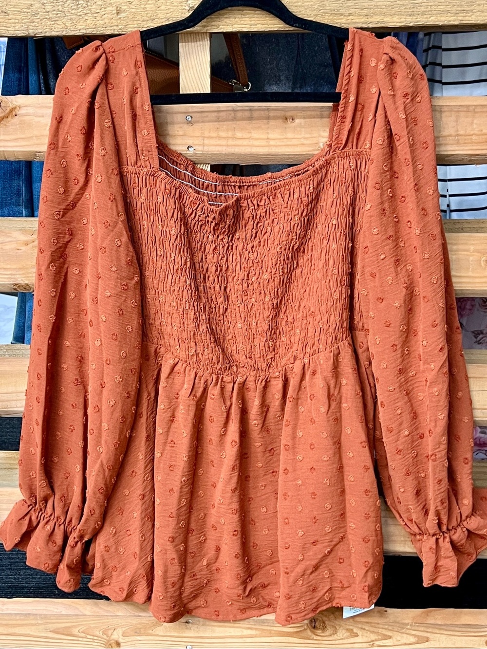 Aria Burnt Orange Smocked Peasant Blouse